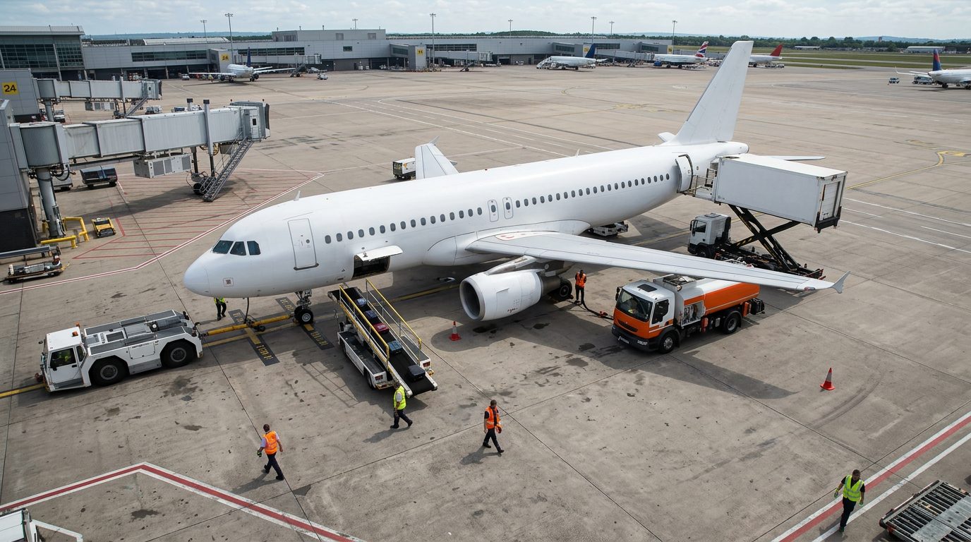 Apron camera view of an aircraft on stand with ground vehicles, each framed by a detection box